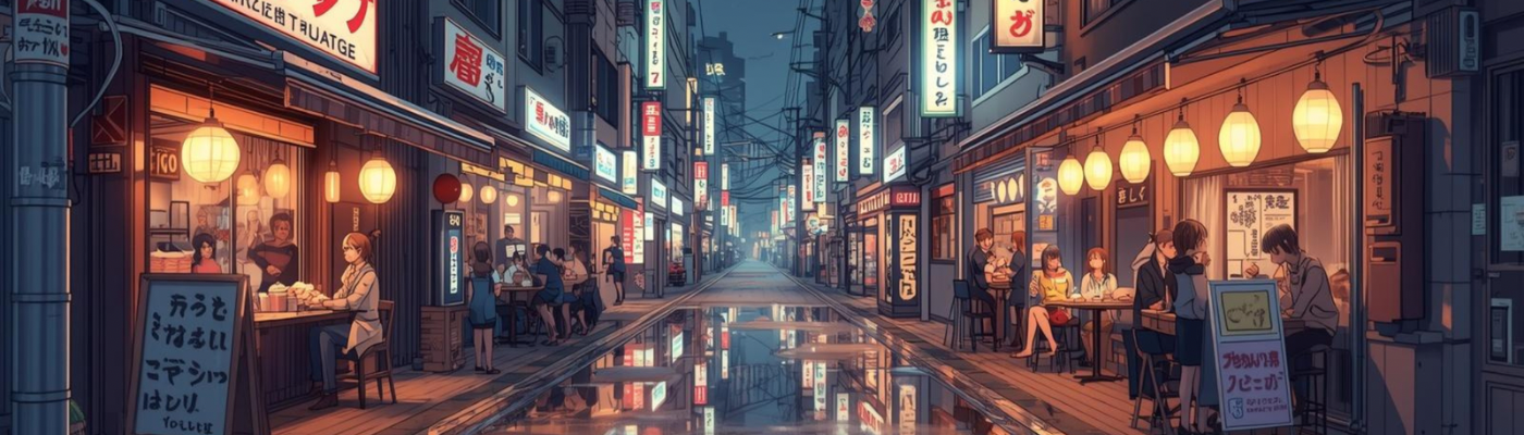 Nächtliche Anime-Straße mit Laternen und Ramen-Ständen